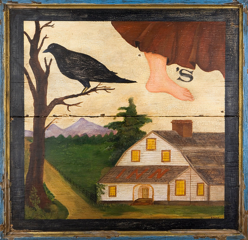 "Crofut's Inn" by Peter Koenig A rebus inn sign that used symbols and letters to create words. Early to mid 19th century. Mixed media on pine.