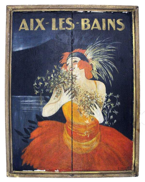 "Aix Les Bains" Late 19th century advertisement for a French resort in southern France still in existence today. Mixed media on pine.