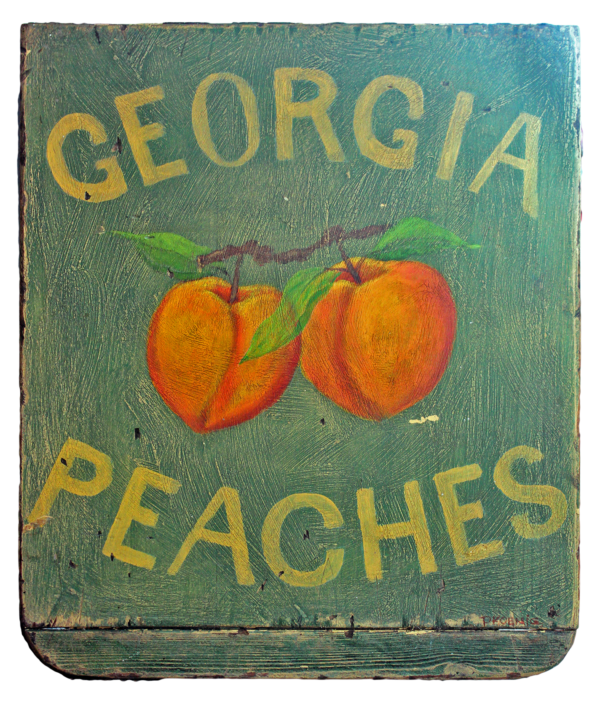 "Georgia Peaches" - Farmstand sign made with mixed media on a reclaimed period wood panel