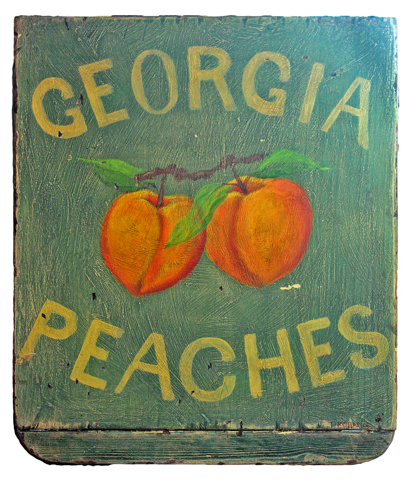 "Georgia Peaches" - Farmstand sign made with mixed media on a reclaimed period wood panel