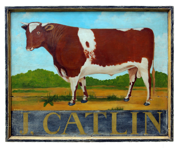 "J. Catlin" - Cattle farm sign. Mixed media on pine by Peter Koenig