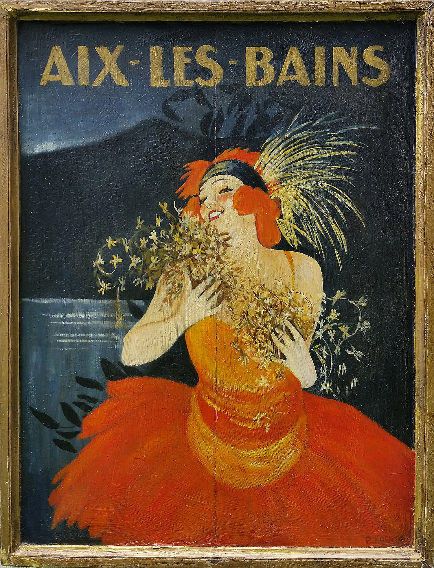"Aix Les Bains" Late 19th century advertisement for a French resort in southern France still in existence today. Mixed media on pine.