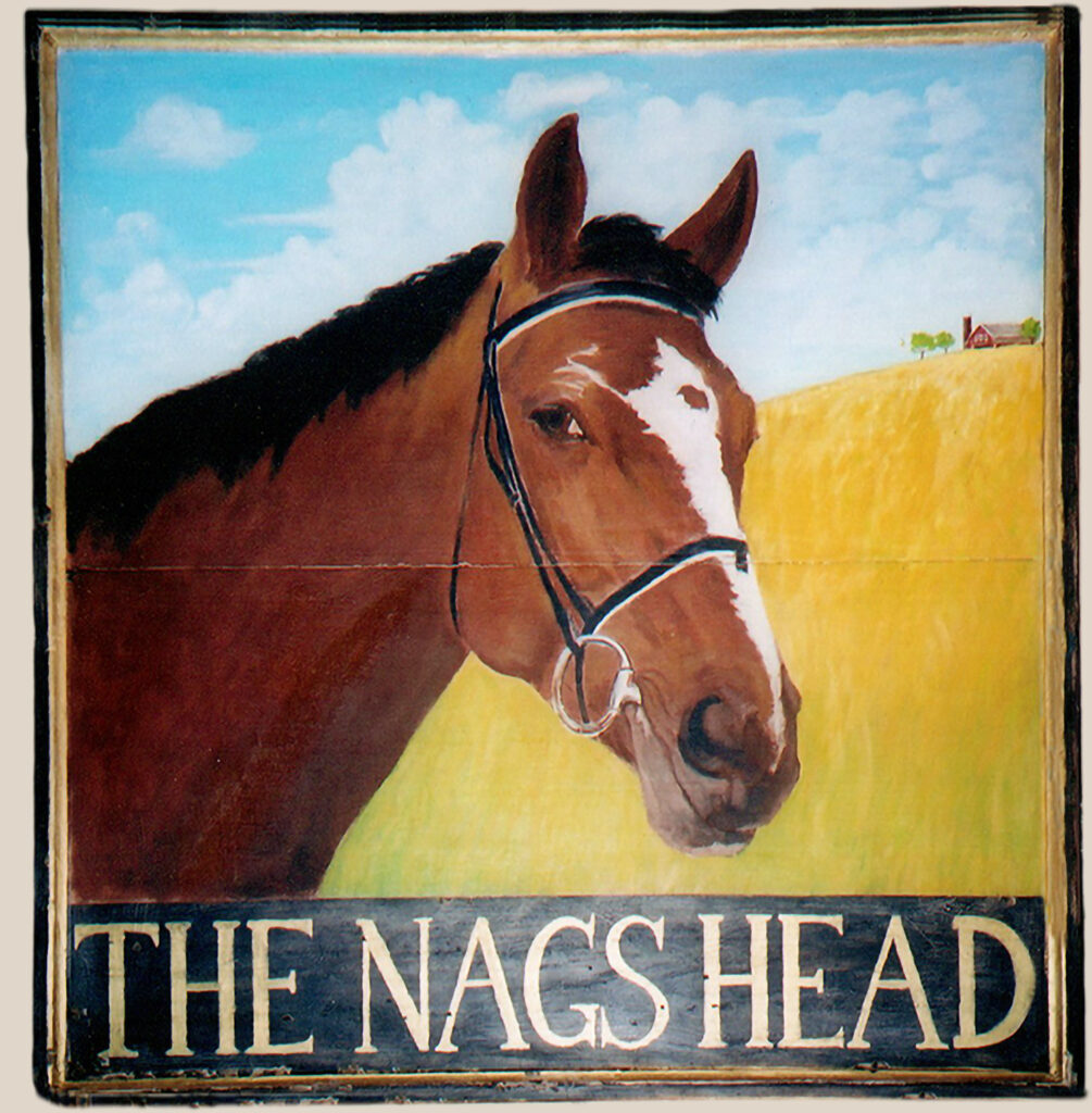 "The Nags Head" - Mixed media on a wood panel. Vintage tavern sign.