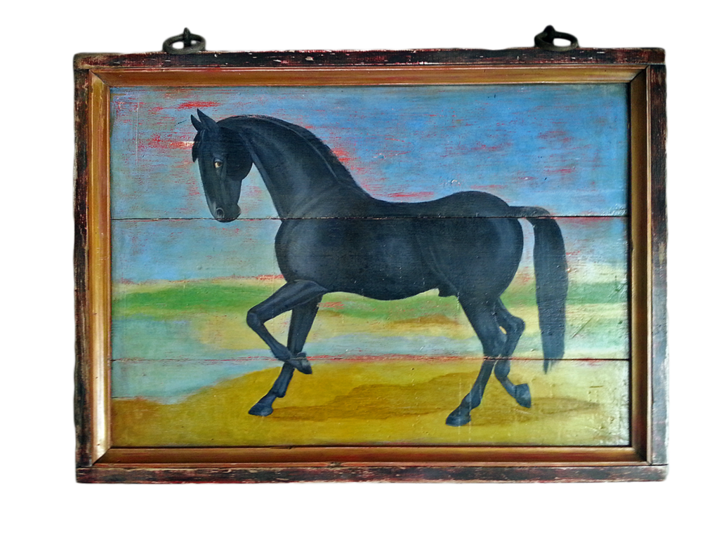 "Farm Horse" - Folk art horse sign on a three pine panel with vintage hardware