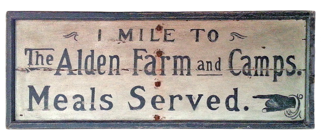 "The Alden Farm and Camps" - Mixed media on a reclaimed wood panel by Peter Koenig. Early 20th century farm sign.
