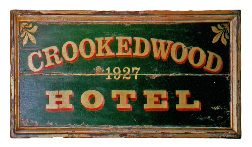 "Crookedwodd Hotel" - Mixed media on pine by Peter Koenig. Late 18th early 19th century hotel and tavern sign