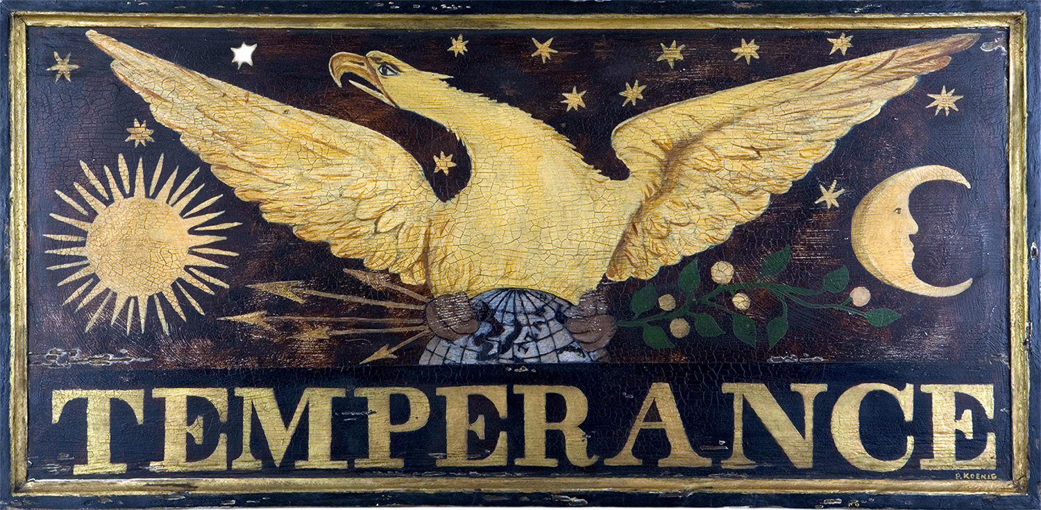 "Temperance" Inn sign depicting the Temperance movement from the early to mid 19th century. Mixed media on pine by Peter Koenig